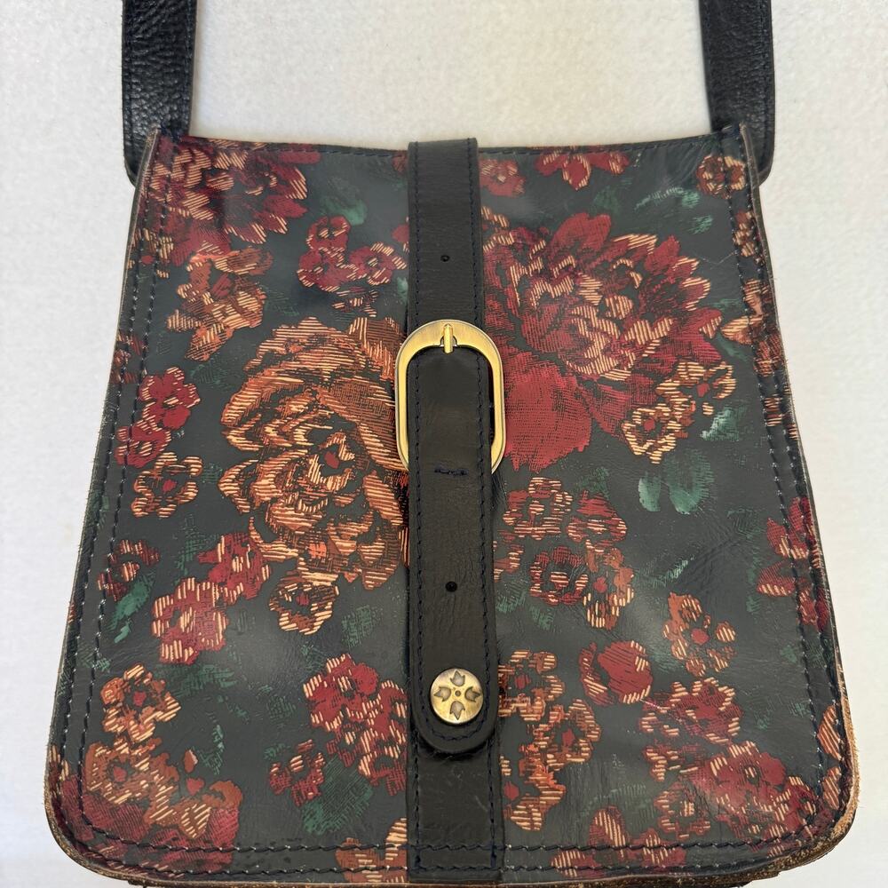 Patricia Nash Floral Leather Crossbody Bag Black Red Rose Brass Adjustable